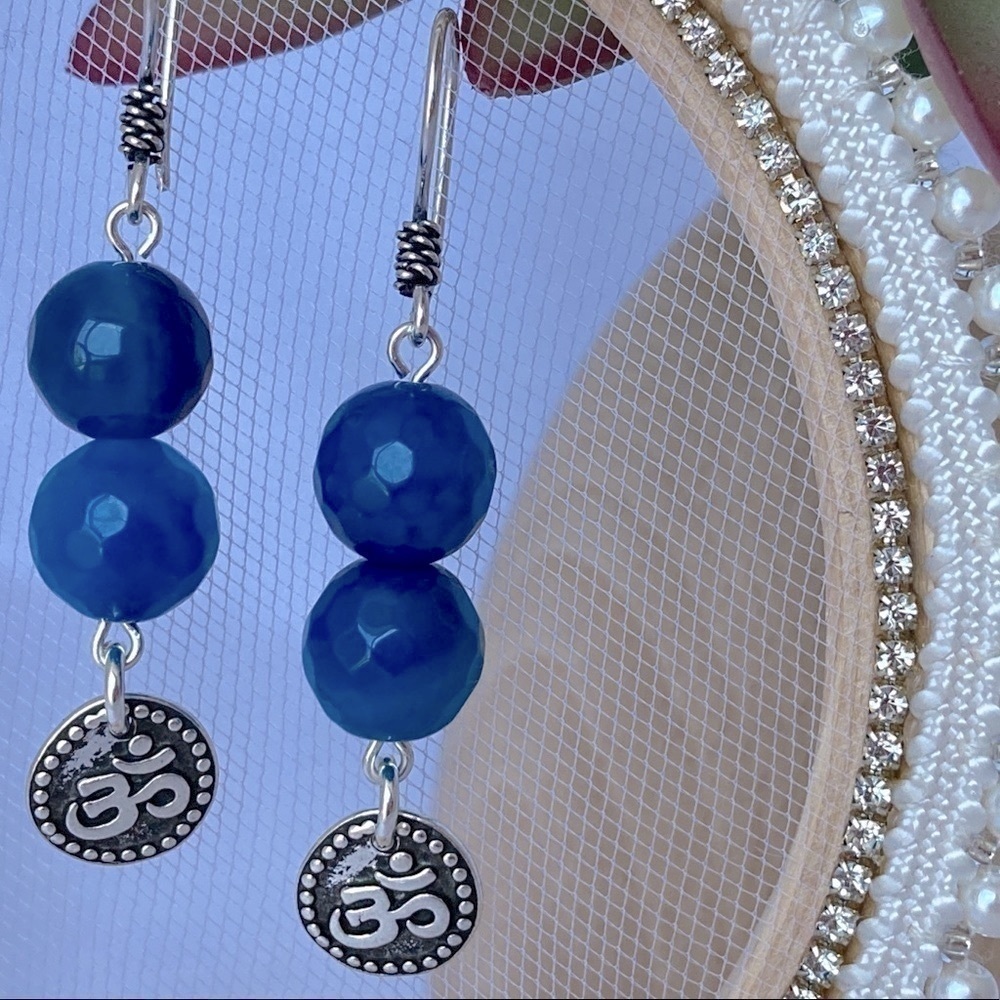 Blue Agate and Sterling Dangle Earrings Om Charms